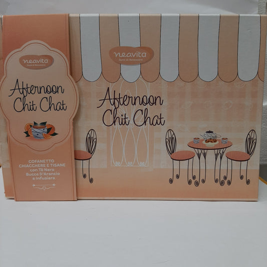 Cofanetto in cartone rigido con infuso bucce d'arancia e te' nero 40g e infusiera linea afternoon chit chat scad 30/09/2025 Neavita